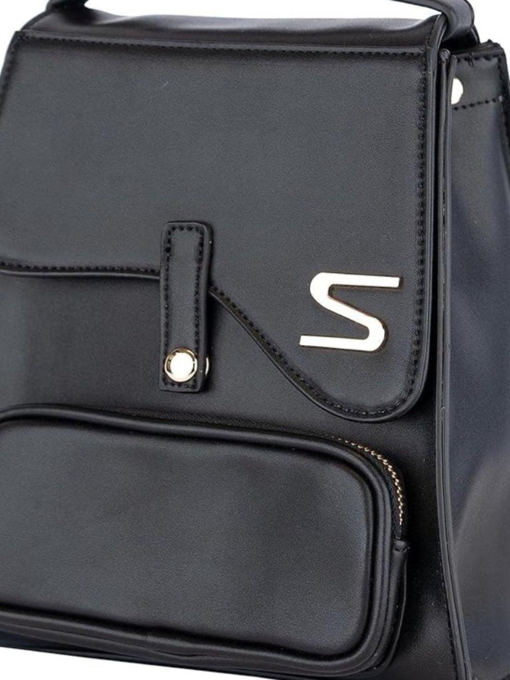 NWT Cise Black Faux Leather Backpack Gold Hardware Front Zip Pocket